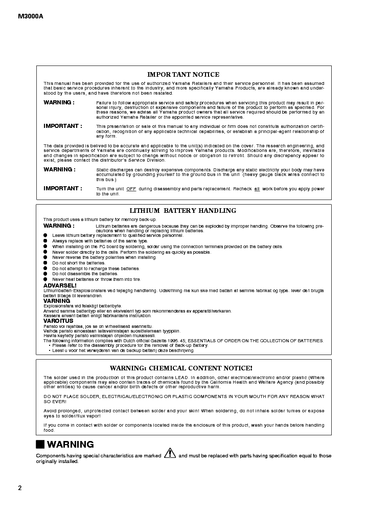 YAMAHA M3000A service manual (2nd page)