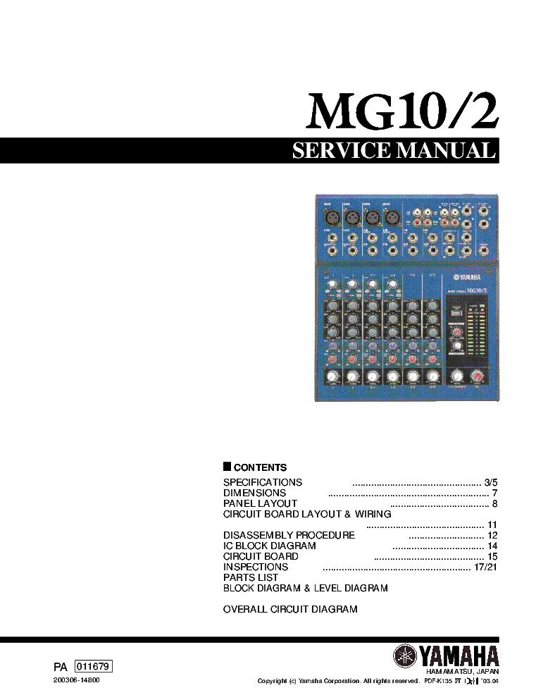 YAMAHA MG10-2 MIXER Service Manual download, schematics, eeprom, repair