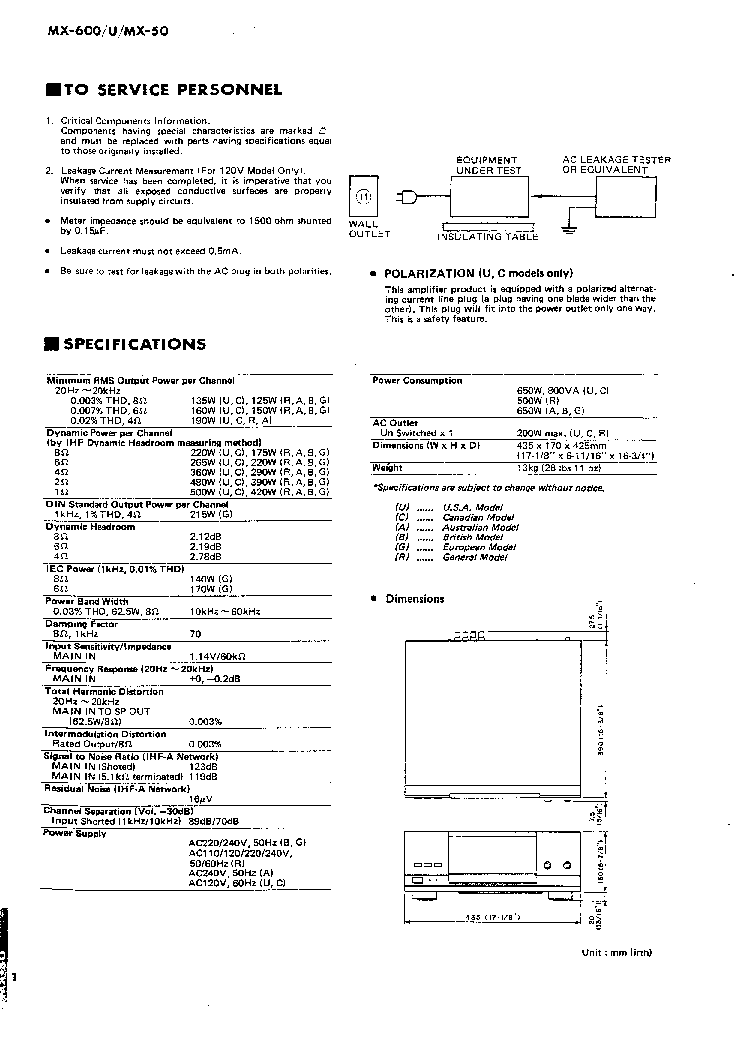 YAMAHA MX-600 MX-50 PWR AMPLIFIER Service Manual download, schematics