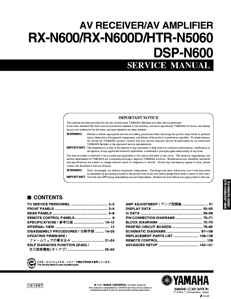YAMAHA RX-E600 HTR-N5060 DSP-N600 SM service manual (1st page)