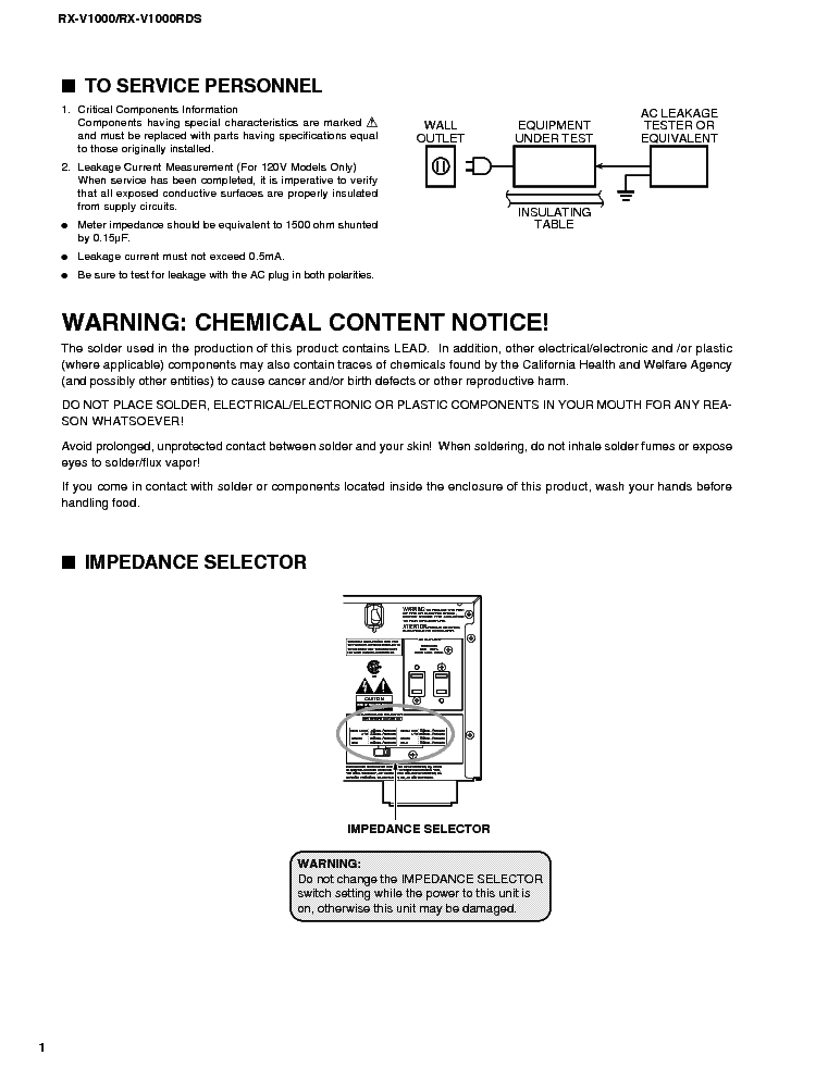 YAMAHA RX-V1000 V1000RDS service manual (2nd page)