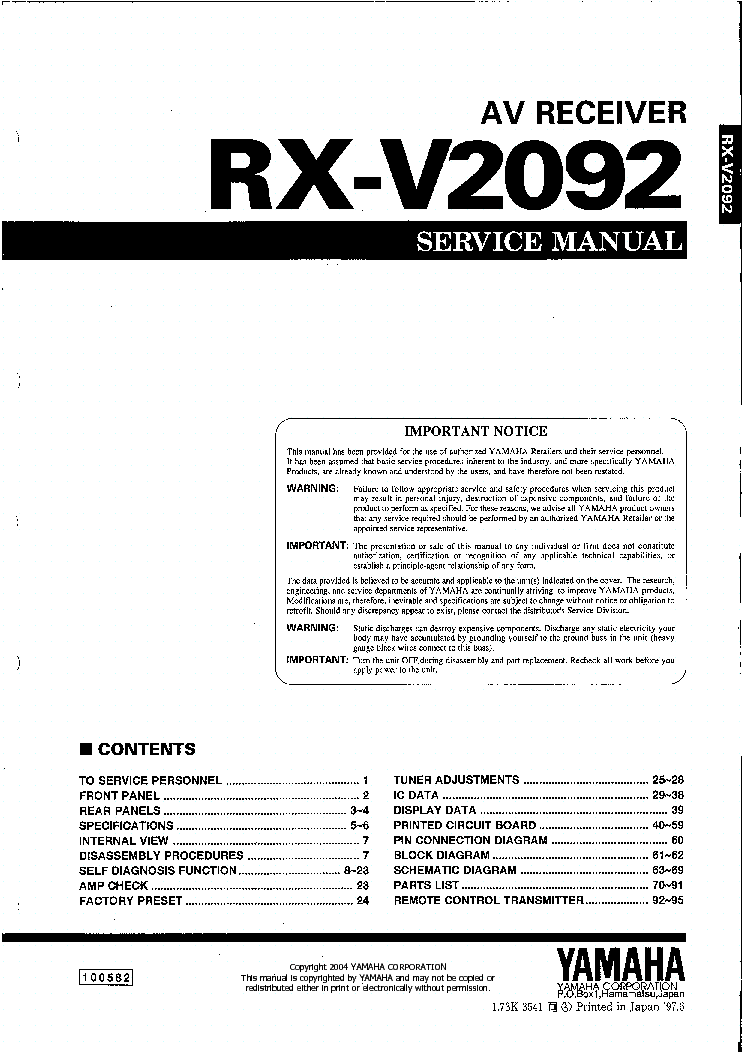YAMAHA RX-V2092 service manual (1st page)
