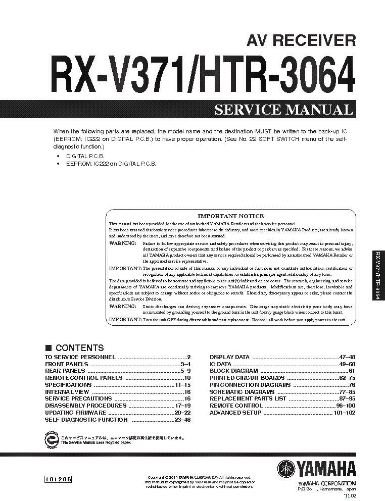 Yamaha Rx V371 Htr 3064 Av Receiver