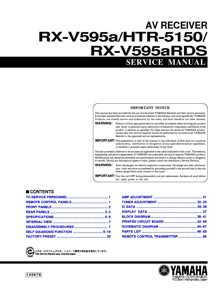 YAMAHA RX-V595A HTR-5150 RX-V595A service manual (1st page)