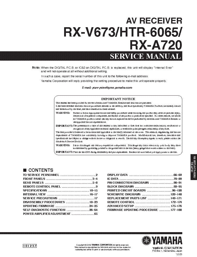 YAMAHA RX-V673 HTR-6065 RX-A720 Service Manual download, schematics