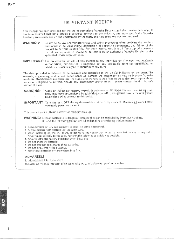 YAMAHA RX7 service manual (2nd page)