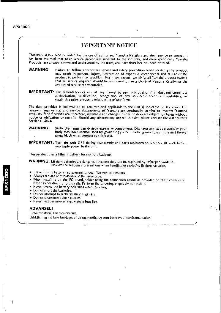 YAMAHA SPX1000 SM service manual (2nd page)
