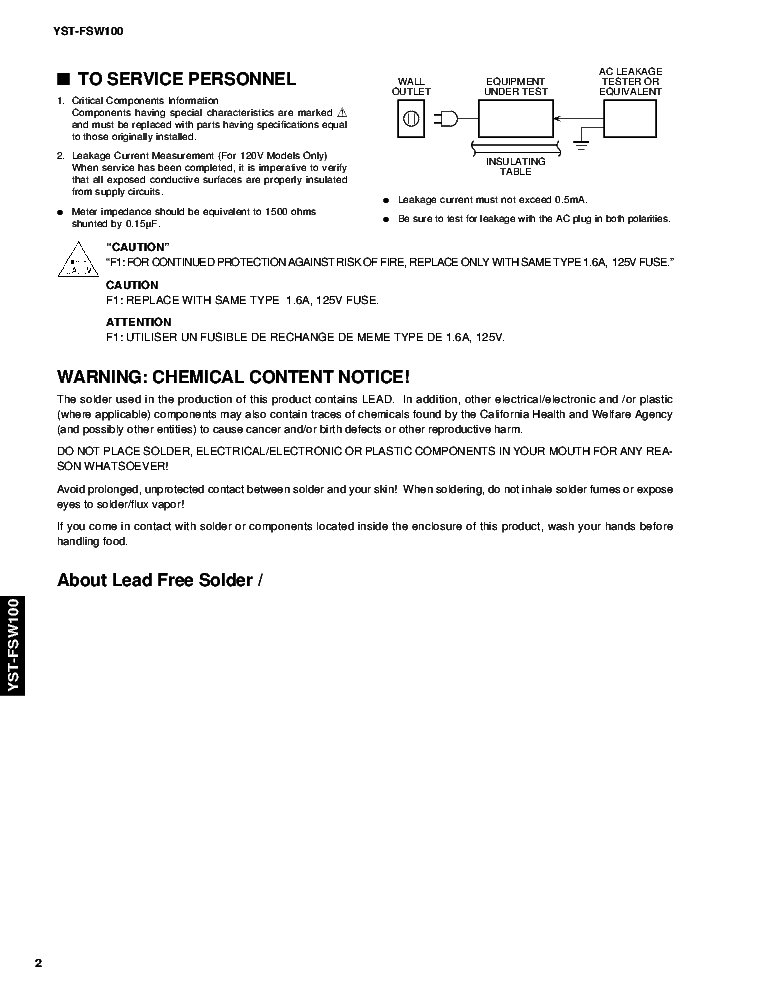 YAMAHA YST-FSW100 SM service manual (2nd page)