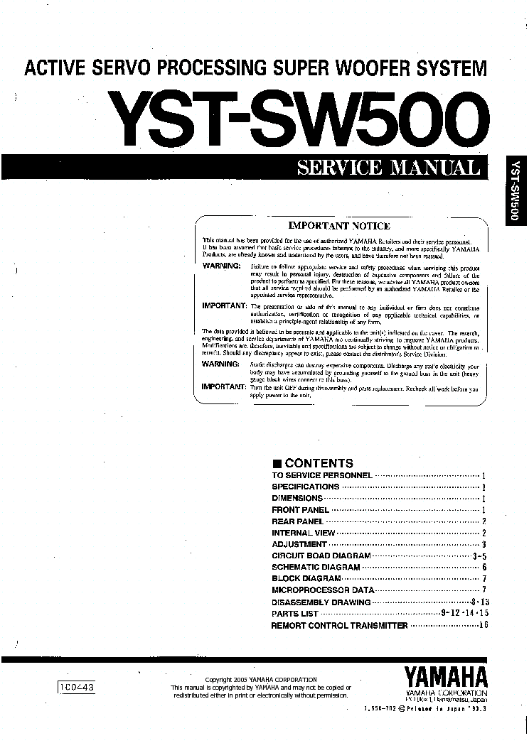 YAMAHA YST-SW500 Service Manual download, schematics, eeprom, repair