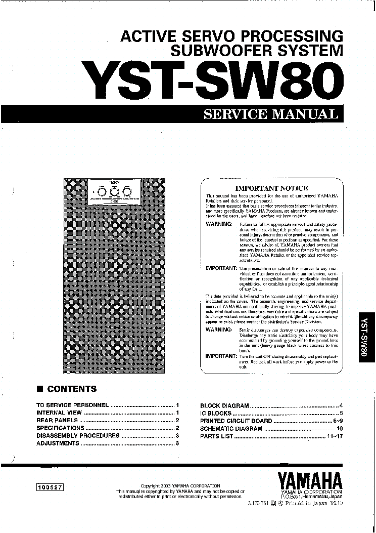 YAMAHA YST-SW80 Service Manual download, schematics, eeprom, repair