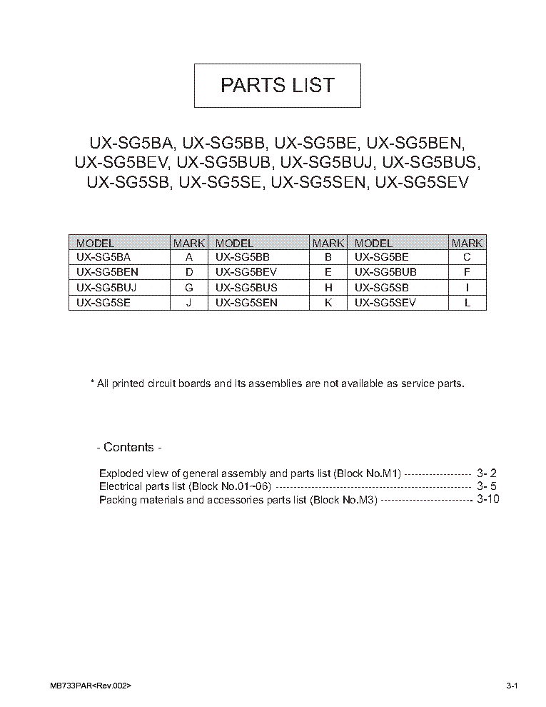 JVC UX-SG5XX PARTS LIST service manual
