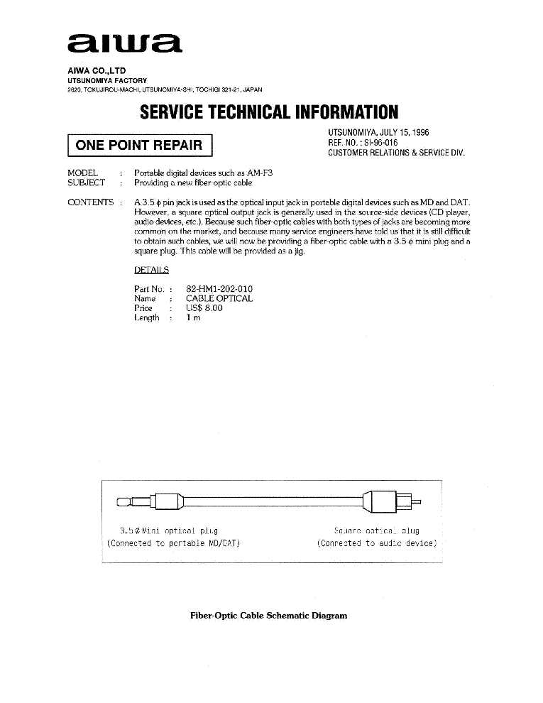 AIWA AM-F3 SI-96-016 SERVICE BULLETIN Service Manual download