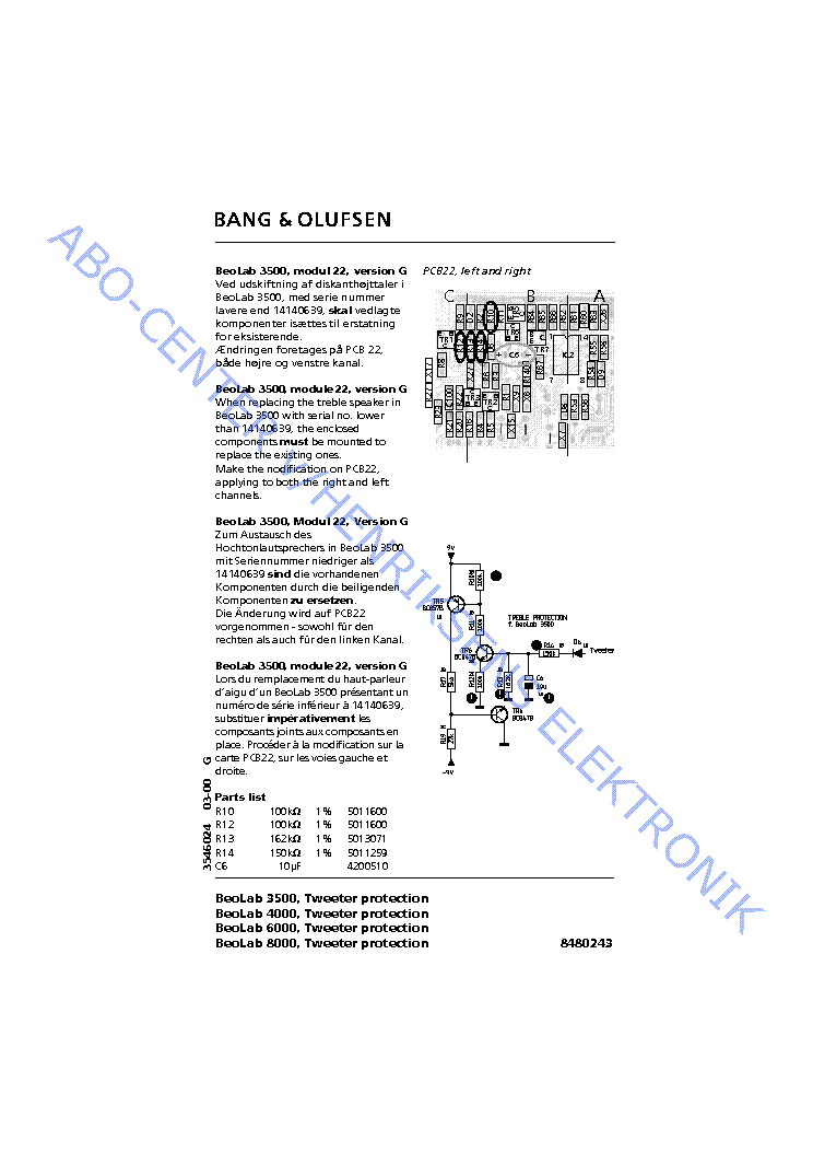 BANG-OLUFSEN BEOLAB 3500 BULLETIN BL8000 PARTS Service Manual