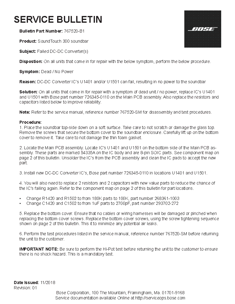 BOSE SOUNDTOUCH 300 SOUNDBAR SERVICE BULLETIN Service Manual download