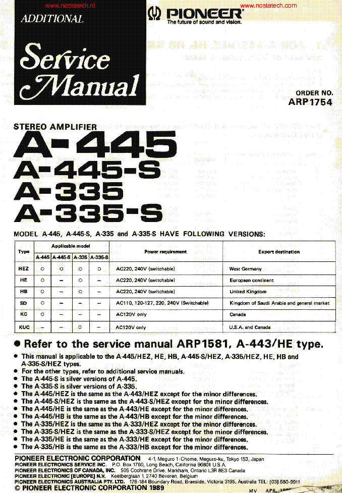 PIONEER A-335-S 445-S ADDITIONAL INFO service manual (1st page)