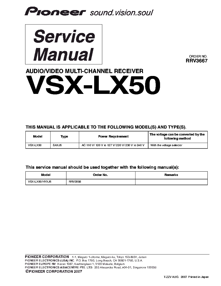 PIONEER VSX-LX50 AV MULTI-CHANNEL RECEIVER RRV3667 SUPPL. 2007 PARTS service manual (1st page)