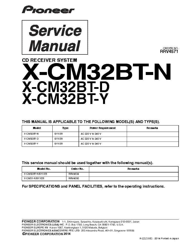 PIONEER X-CM32BT-N X-CM32BT-D X-CM32BT-Y RRV4571 PARTS INFO service manual (1st page)