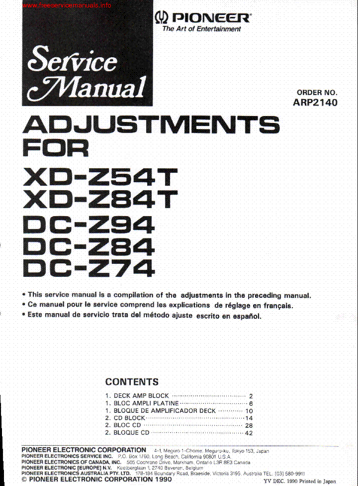 PIONEER XD-Z54T XD-Z84T DC-Z94 DC-Z84 DC-Z74 ADJUSTMENS service manual (1st page)