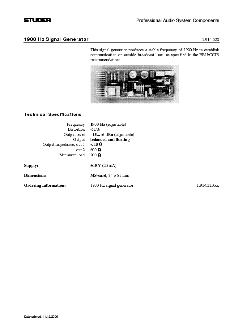 STUDER COMPONENT 1.914.520 INFO Service Manual download, schematics,  eeprom, repair info for electronics experts