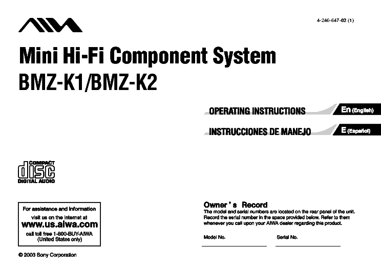 AIWA BMZK1 BMZK2 USER MANUAL Service Manual download, schematics