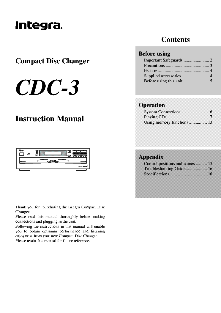 INTEGRA CDC 3 CD PLAYER USER MANUAL Service Manual Download Schematics 