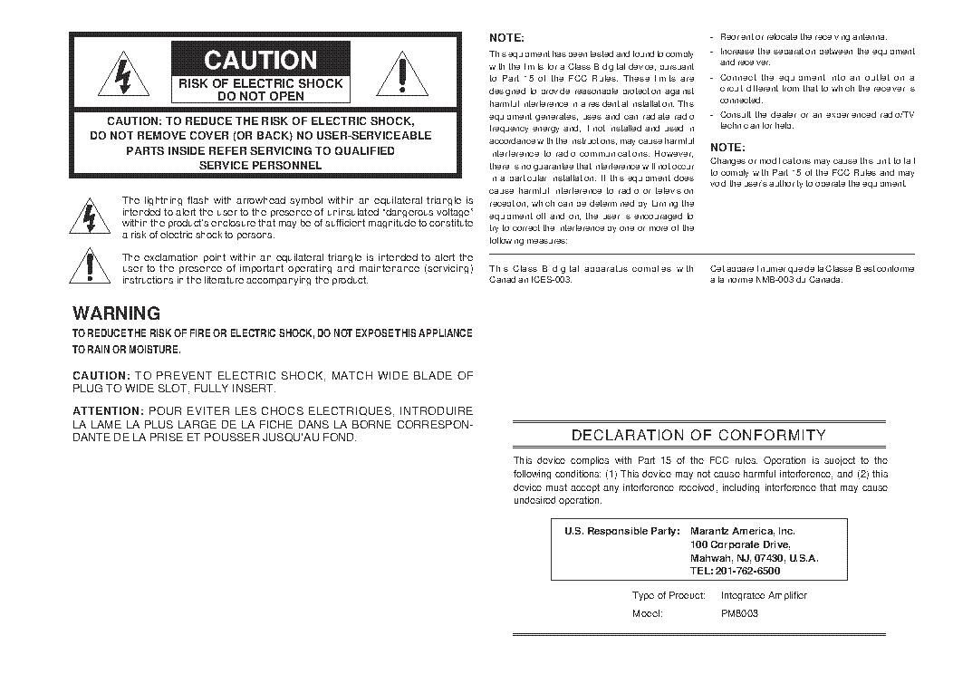 Marantz Pm8003 Amplifier User Manual Service Manual Download 