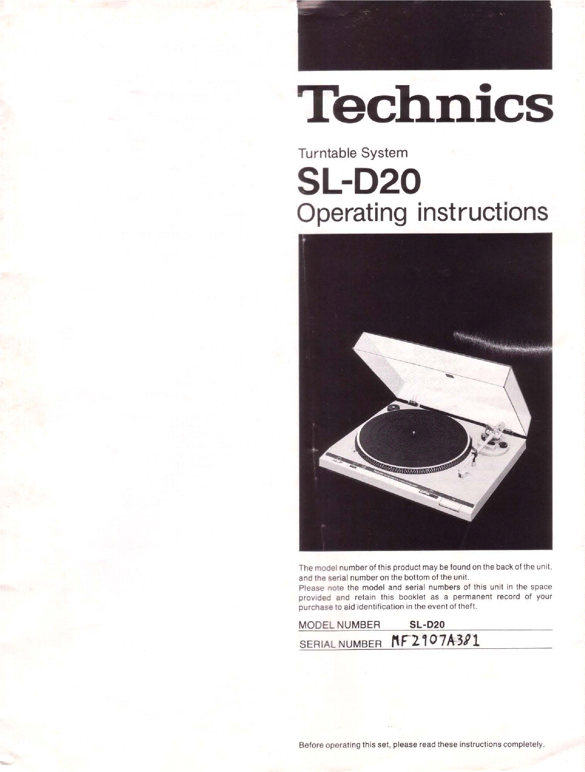 TECHNICS SL-D20 TURNTABLE USER MANUAL Service Manual Download ...