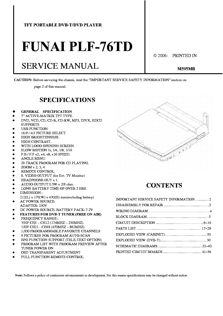 FUNAI PLF76TD TFT PORTABLE DVD PLAYER SM Service Manual download