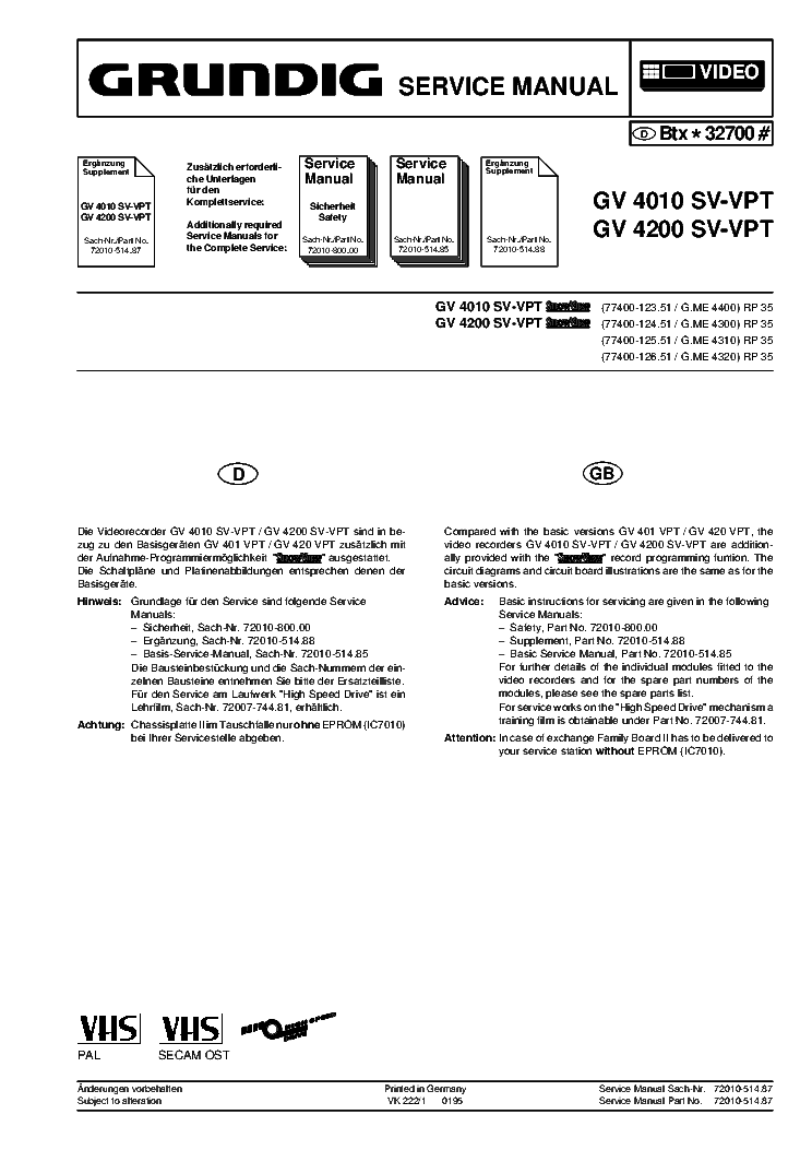 Grundig Original Service Manual für V 2000-GB mit Service Tipp Elkos 