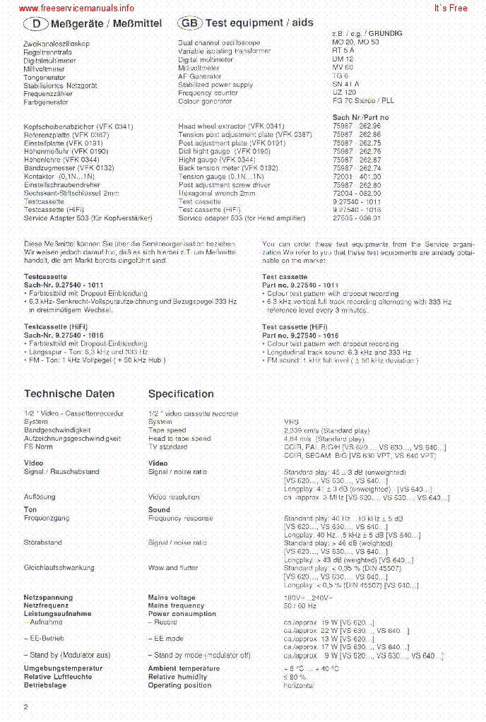 GRUNDIG VS620 MVS620 VS630T-E VS630VPT VS640T VS640VPT VCR Service ...