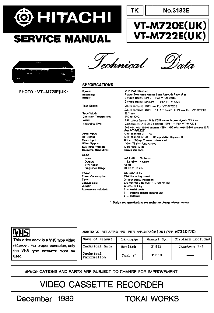 HITACHI VTM720E VTM722E VCR Service Manual download, schematics, eeprom, repair info for