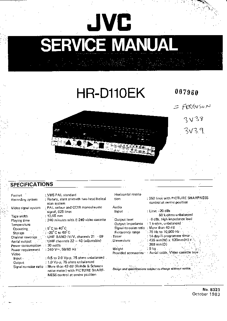 JVC HDR110EK FERGUSON 3V38 3V39 SM service manual