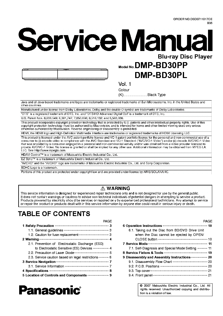 PANASONIC DMP-BD30 VOL 1 service manual (1st page)