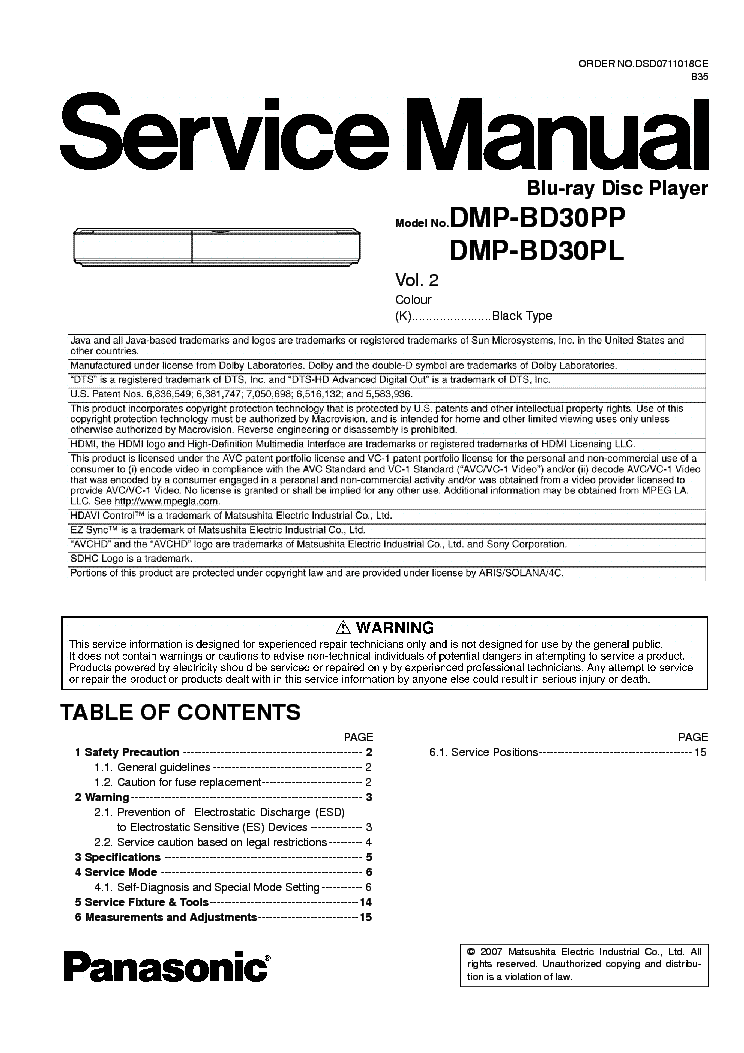PANASONIC DMP-BD30 VOL 2 service manual (1st page)