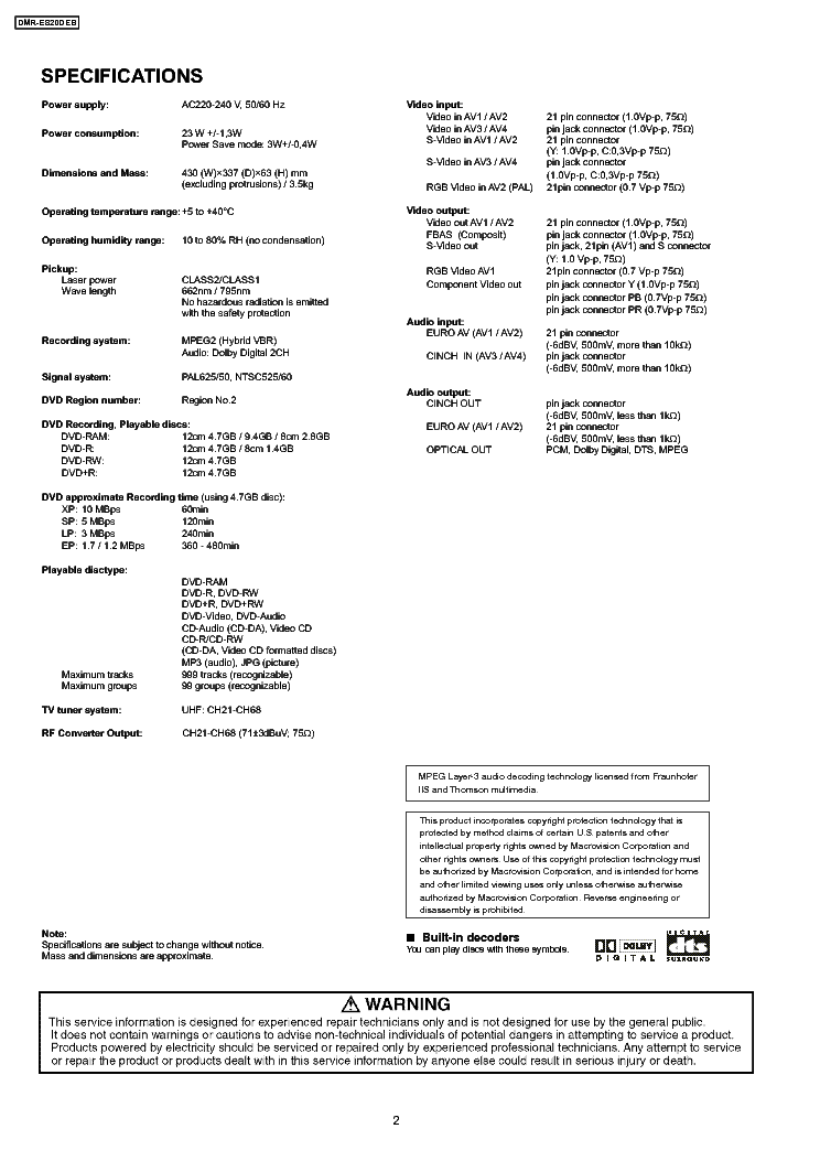 PANASONIC DMR-ES20DEB service manual (2nd page)