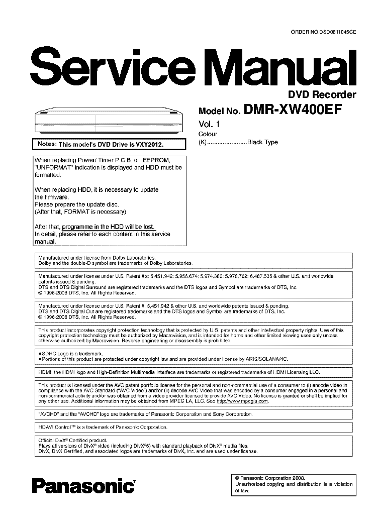 PANASONIC DMR-XW400EF DVD RECORDER SM service manual (1st page)