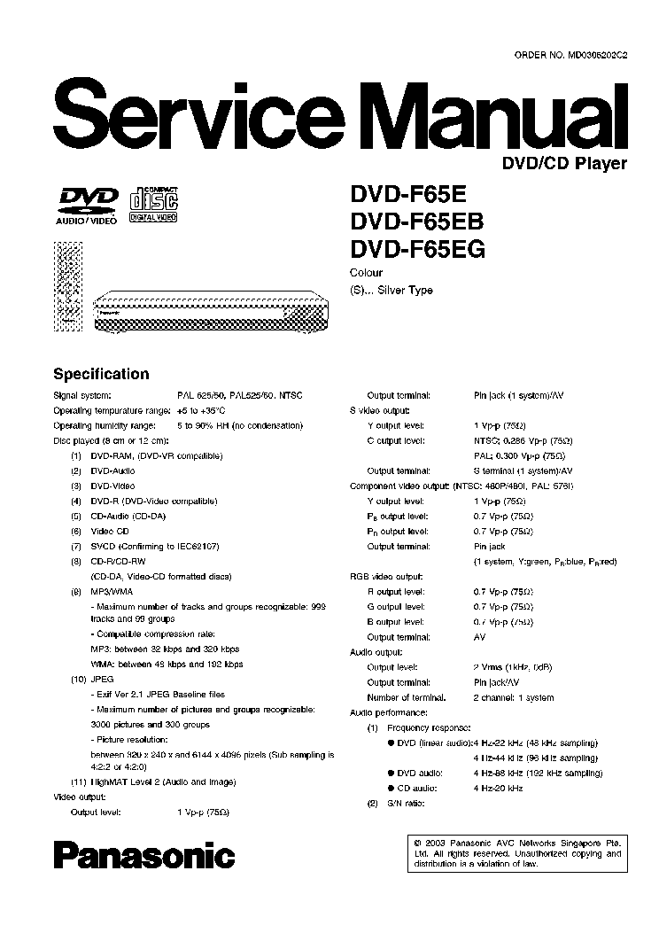 PANASONIC DVD-F65E DVD-F65EB DVD-F65EG service manual (1st page)