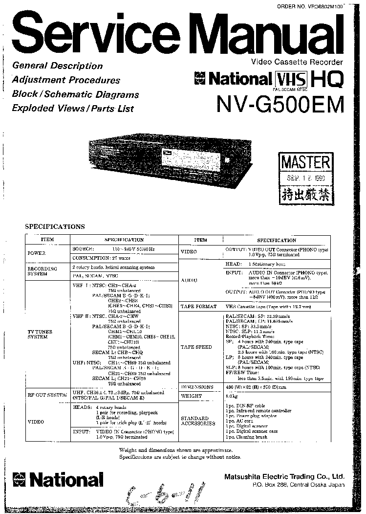 PANASONIC NV-G500EM VCR Service Manual Download, Schematics, Eeprom ...