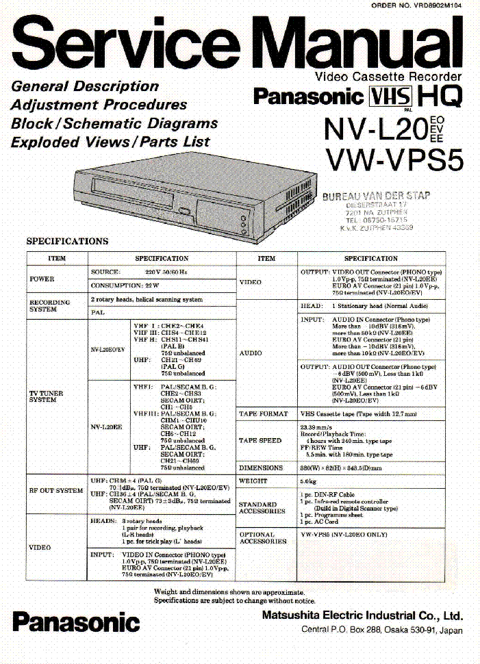 PANASONIC NV-L20 EO EV EE VW-VPS5 service manual (1st page)