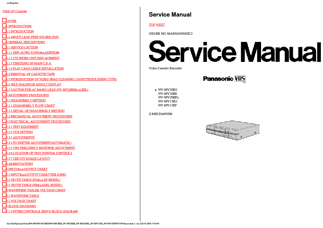 PANASONIC NV-MV20EG NV-MV15EG EP Z-MECHANISM service manual (1st page)