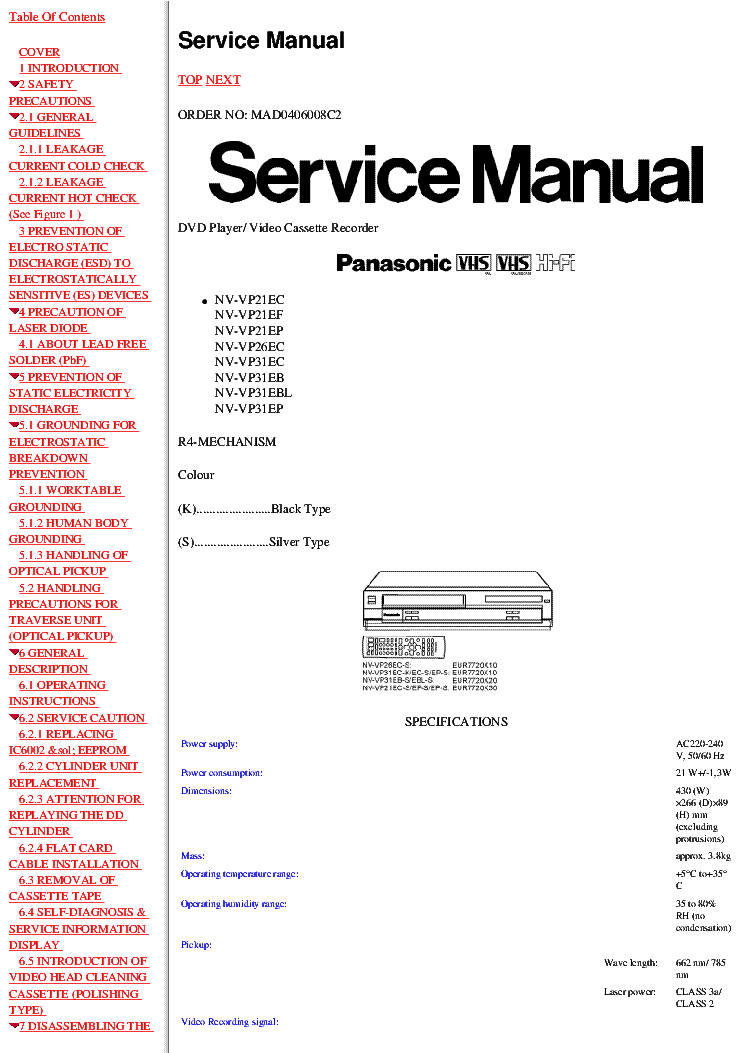 PANASONIC NV-VP21EC NV-VP21EF NV-VP21EP NV-VP26EC NV-VP31EC NV-VP31EB NV-VP31EBL NV-VP31EP service manual (1st page)