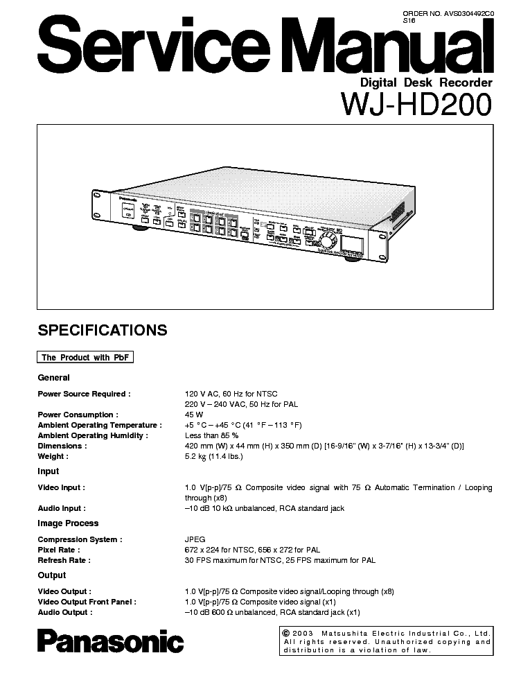 PANASONIC WJ-HD200 AVS0304492C0 DIGITAL DISK RECORDER service manual (1st page)