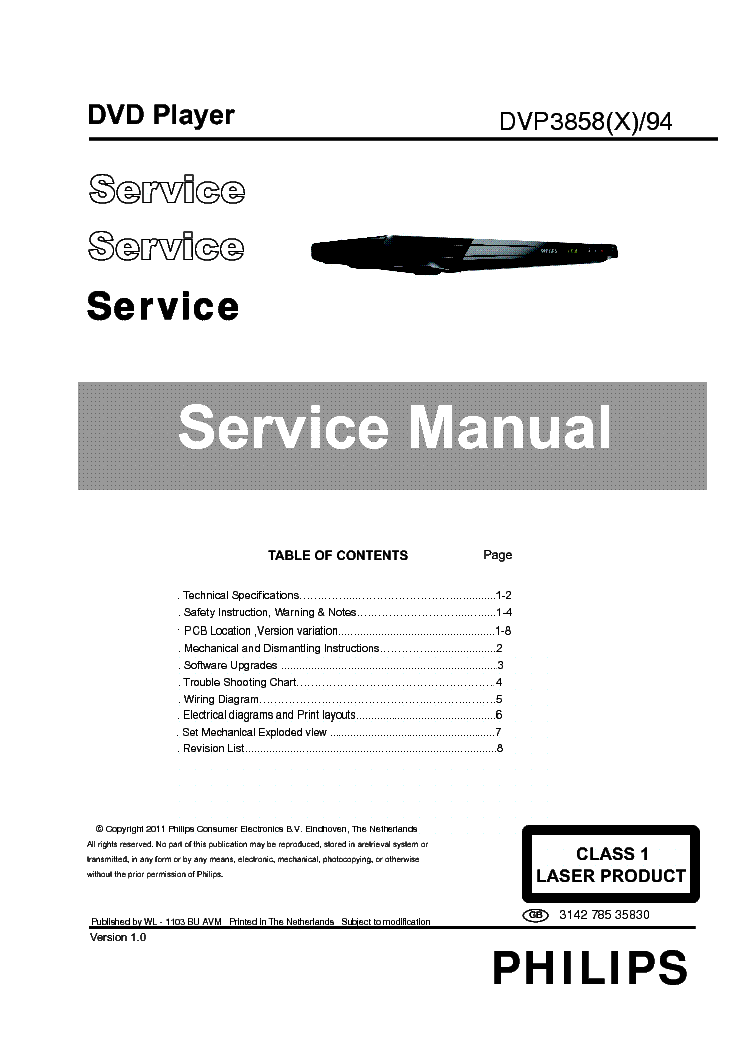 PHILIPS DVP3858 DVP3858X 314278535830 VER.1.0 service manual