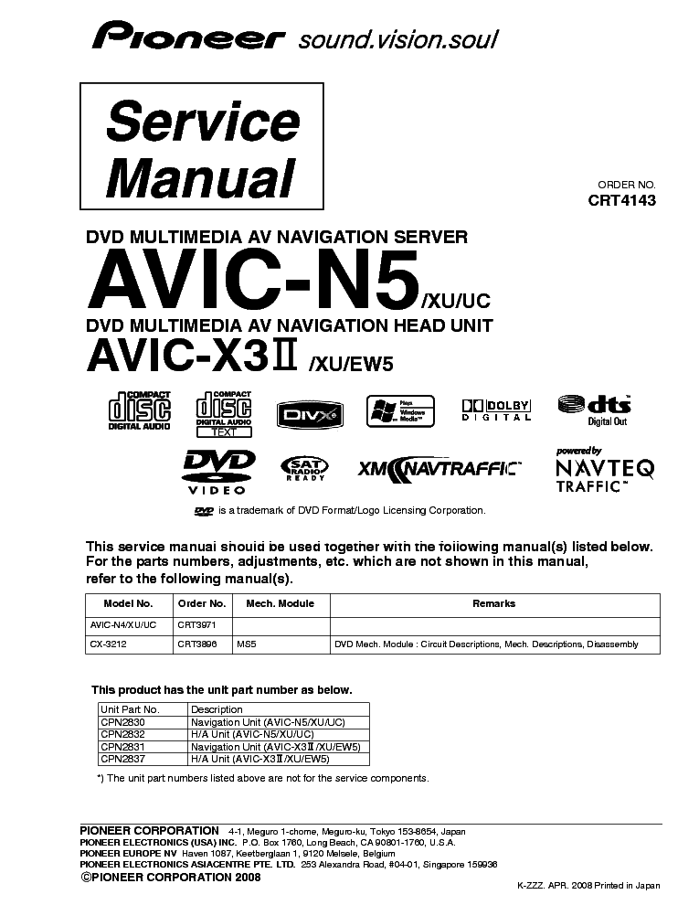 PIONEER AVIC-N5 AVIC X3-2 XU-EW5 SM service manual (1st page)