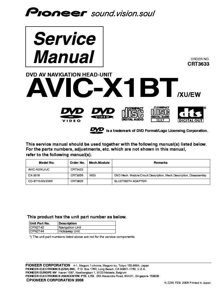 PIONEER AVIC-X1BT service manual (1st page)