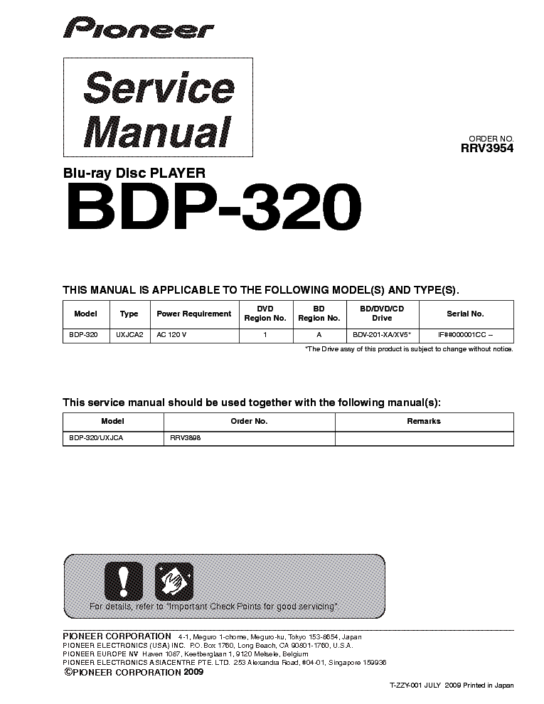 PIONEER BDP-320 RRV3954 SM service manual (1st page)