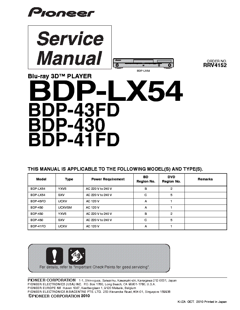 PIONEER BDP-41 43FD 430 LX54 SM service manual (1st page)