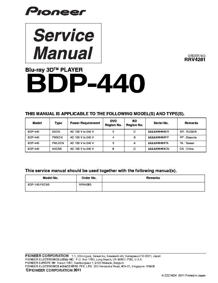 PIONEER BDP-440 RRV4281 service manual (1st page)