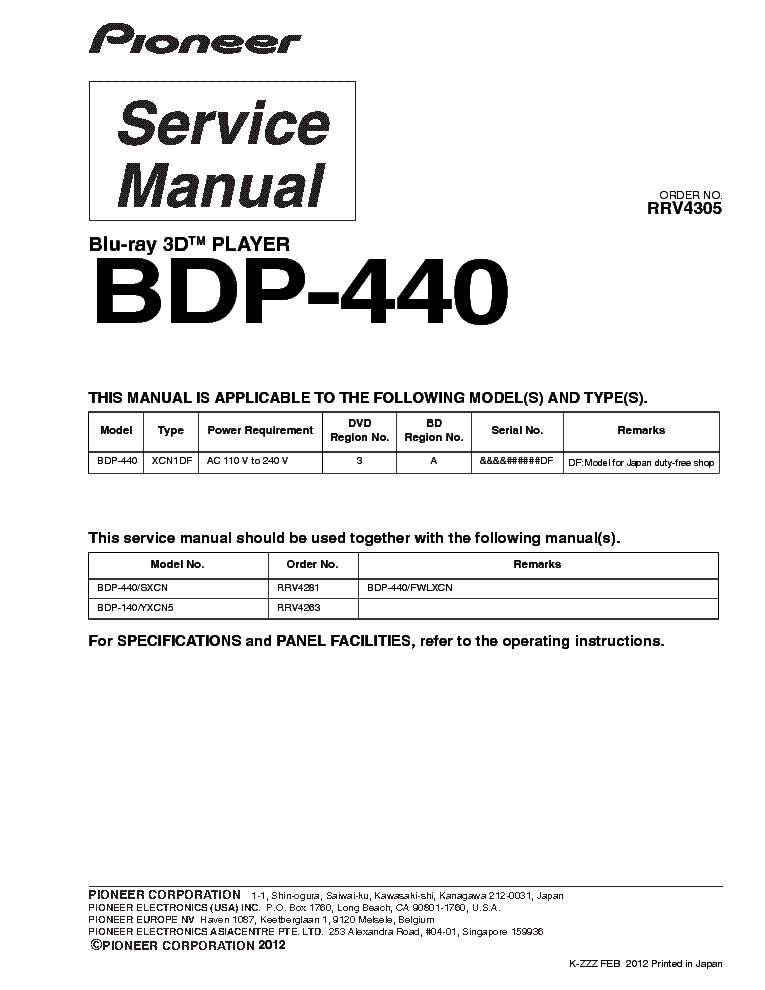 PIONEER BDP-440 RRV4305 service manual (1st page)