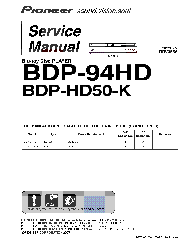 PIONEER BDP-94HD HD50-K service manual (1st page)